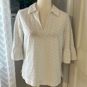 Lilly Pulitzer fish pattern eyelet bell sleeve tunic top blouse EUC